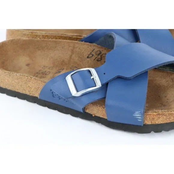 Vintage Birkis Birkenstock Womens 6 Distressed Leather Cross Strap Sandals Blue - Picture 5 of 10